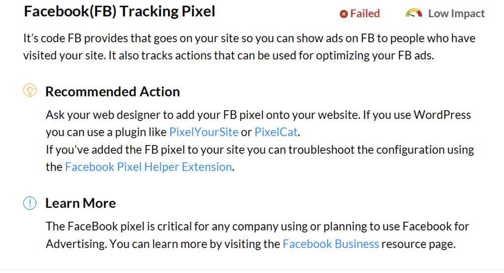Facebook tracking pixel failed screen