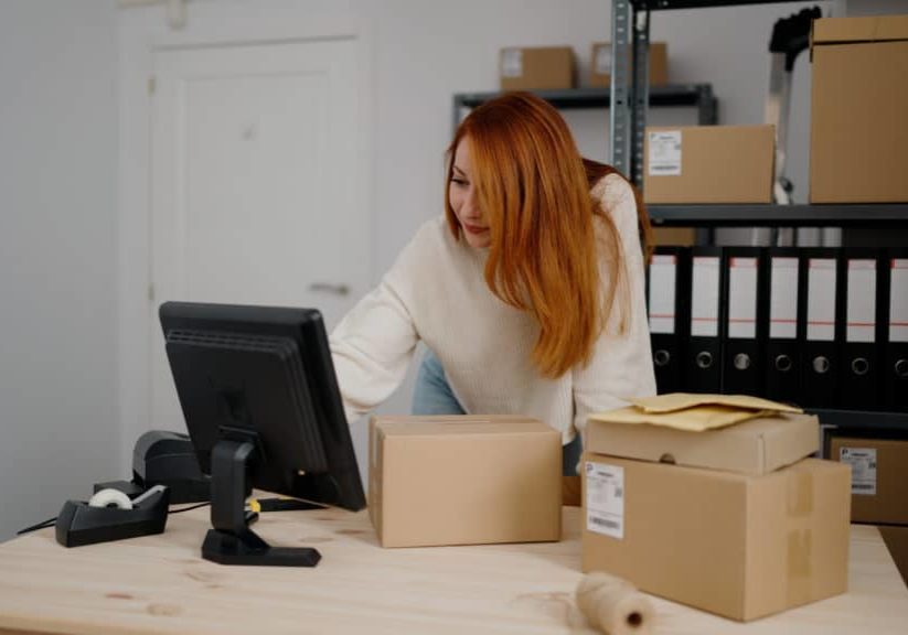 Woman packing boxes in home office